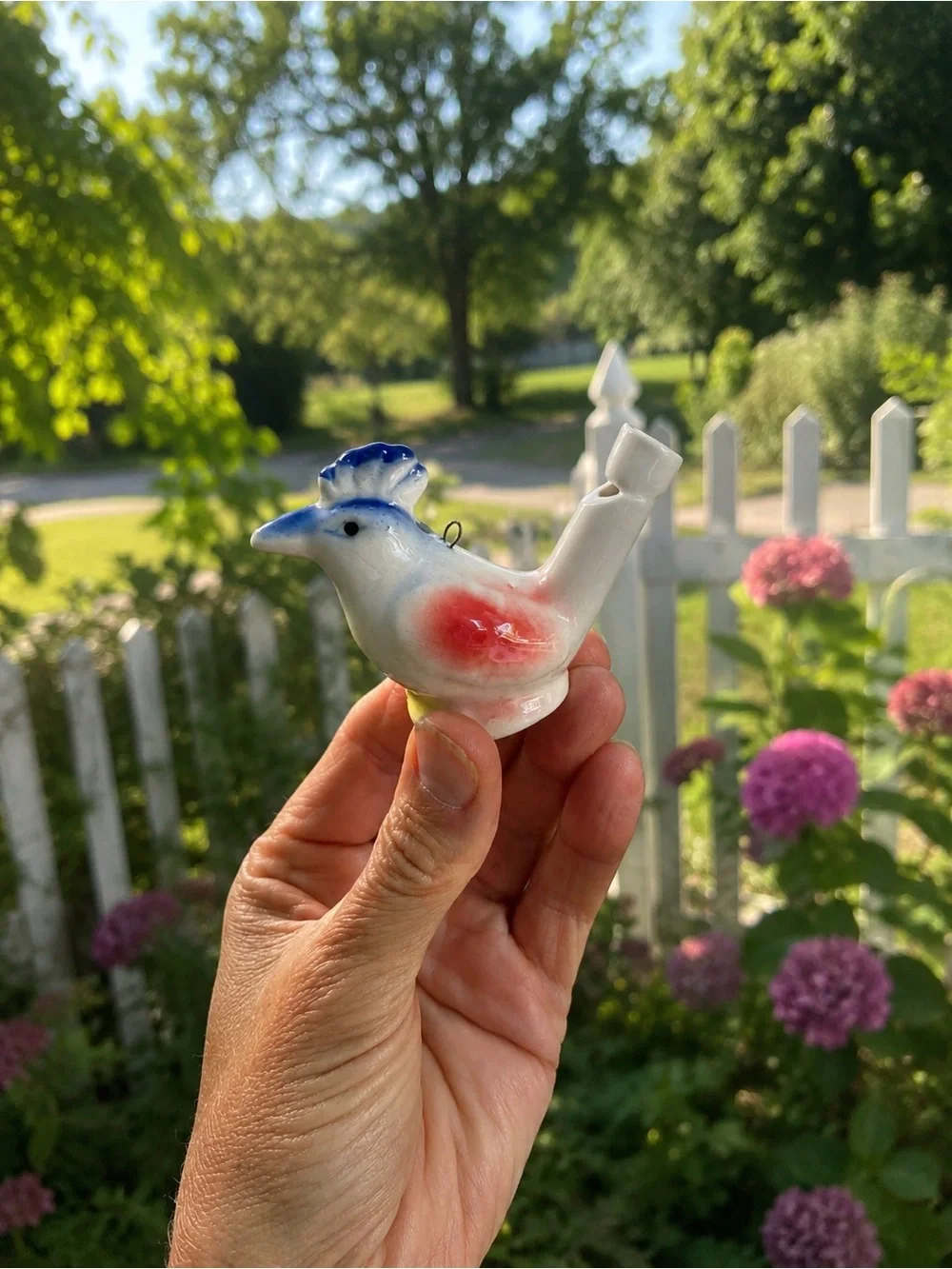 Porcelain Bird Toy Whistle in Blue, Red & White